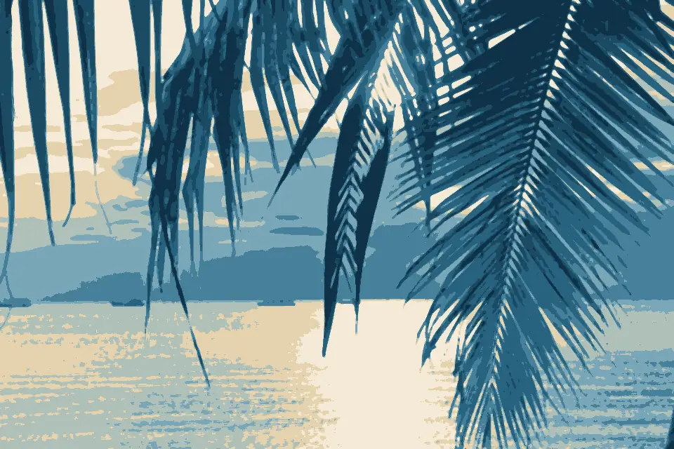 Hat Klet Kaeo: DFC 1144 Sunlight shimmers on calm water as palm fronds frame a peaceful seaside view with boats dotting the horizon