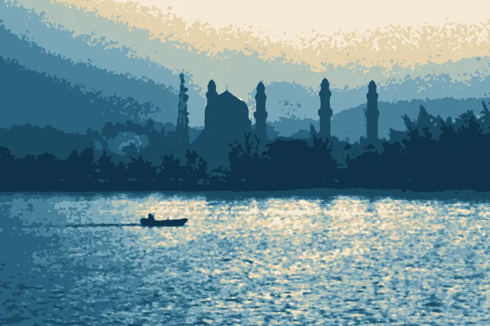 Likas Beach: Sunrise image of Kota Kinabalu City Mosque taken from Taman Awam Teluk Likas