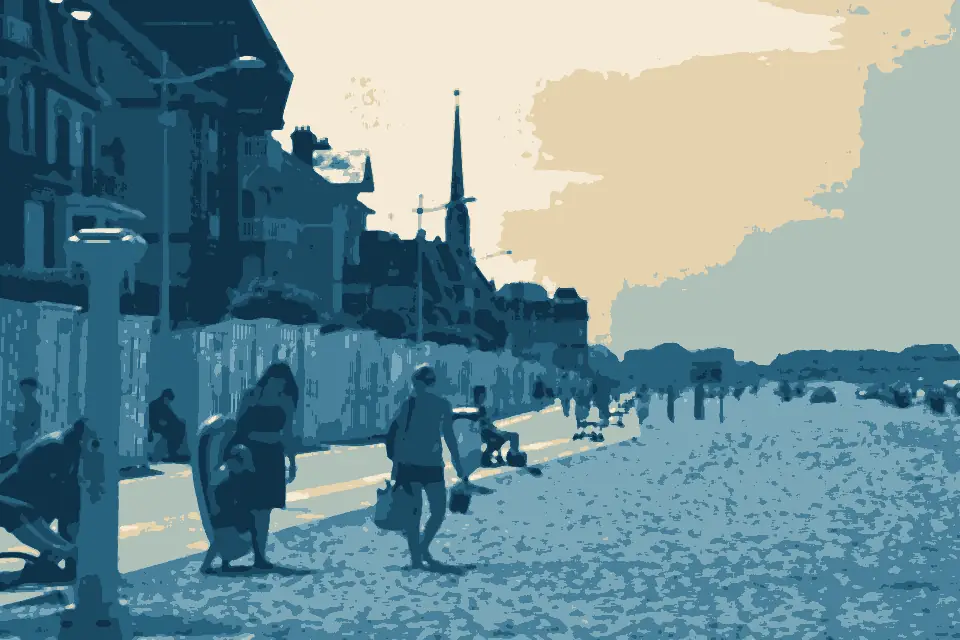 Plage du Temple: Looking down the beach promenade towards the southwest, Houlgate, 2024